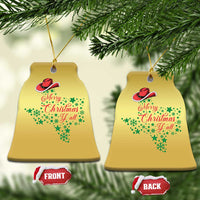Gold bell-shaped Christmas ornaments with cowboy hat and "Merry Christmas Y'all" text.