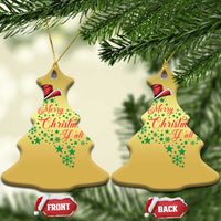 Gold heart-shaped Christmas ornaments with cowboy hat and "Merry Christmas Y'all" lettering.