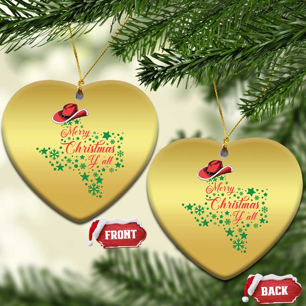 Two gold heart-shaped Christmas ornaments with cowboy hat and "Merry Christmas Y'all".