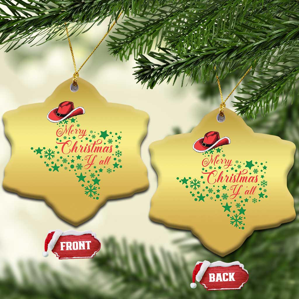 Gold star-shaped Christmas ornaments with cowboy hat and "Merry Christmas Y'all" text.