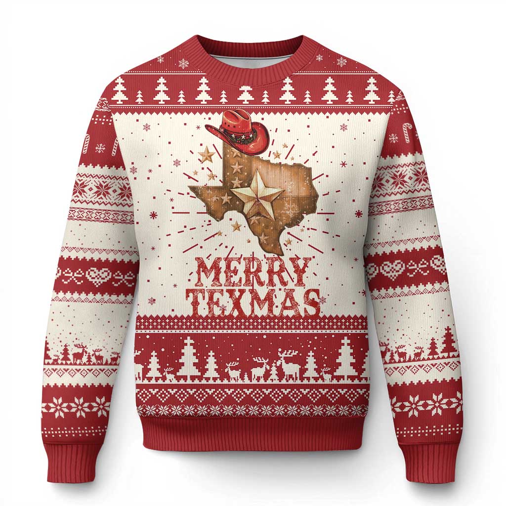 Ugly Christmas sweater in red and cream with cowboy hat, star, and Merry Texmas print