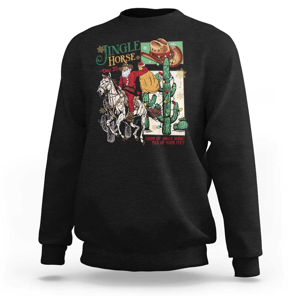 Black crewneck sweatshirt with colorful jingle horse cowboy Santa rider graphic