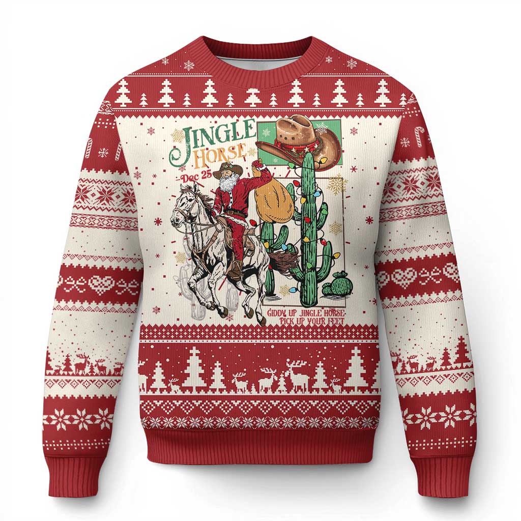 Red and cream ugly Christmas sweater with western jingle horse graphic and tree trim
