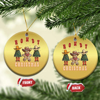 Gold round Howdy Christmas cowboy cactus ornament with hanging gold string.
