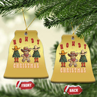 Gold bell-shaped Howdy Christmas cowboy cactus ornament with hanging gold string.