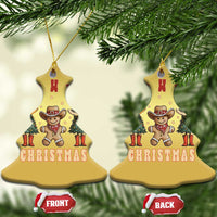 Gold bell-shaped Howdy Christmas cowboy cactus ornament, front and back views shown.