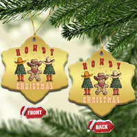 Gold heart Howdy Christmas ornament with hanging gold string; front and back views.