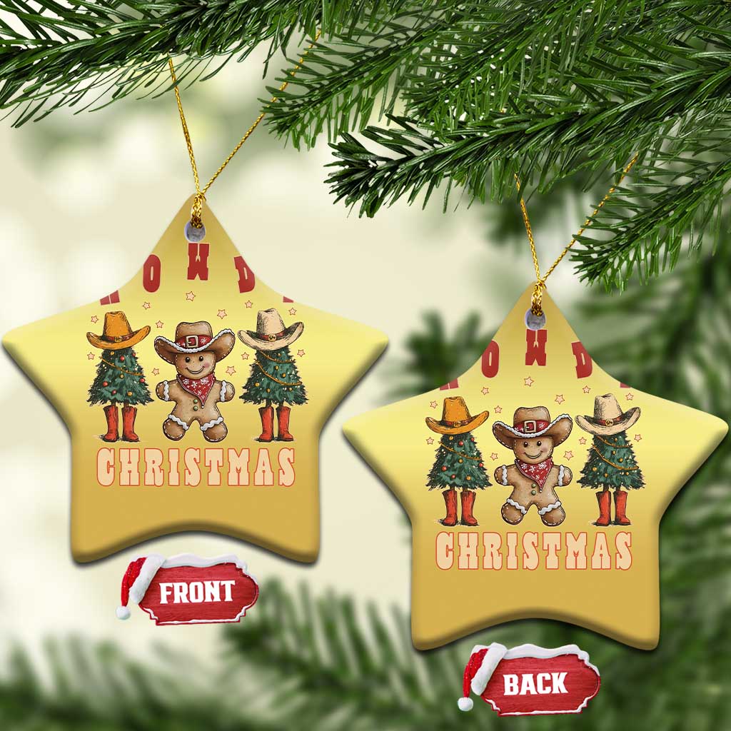 Gold star Howdy Christmas cowboy cactus ornament with hanging gold string.