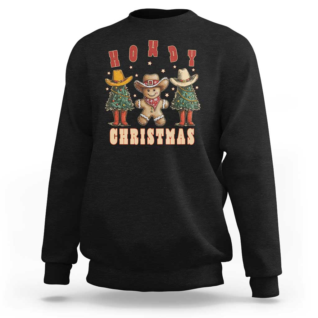 Black Christmas sweatshirt with cowboy and cactus graphic, “Happy Christmas” lettering