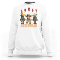 White Christmas sweatshirt with cowboy and cactus graphic, “Happy Christmas” lettering
