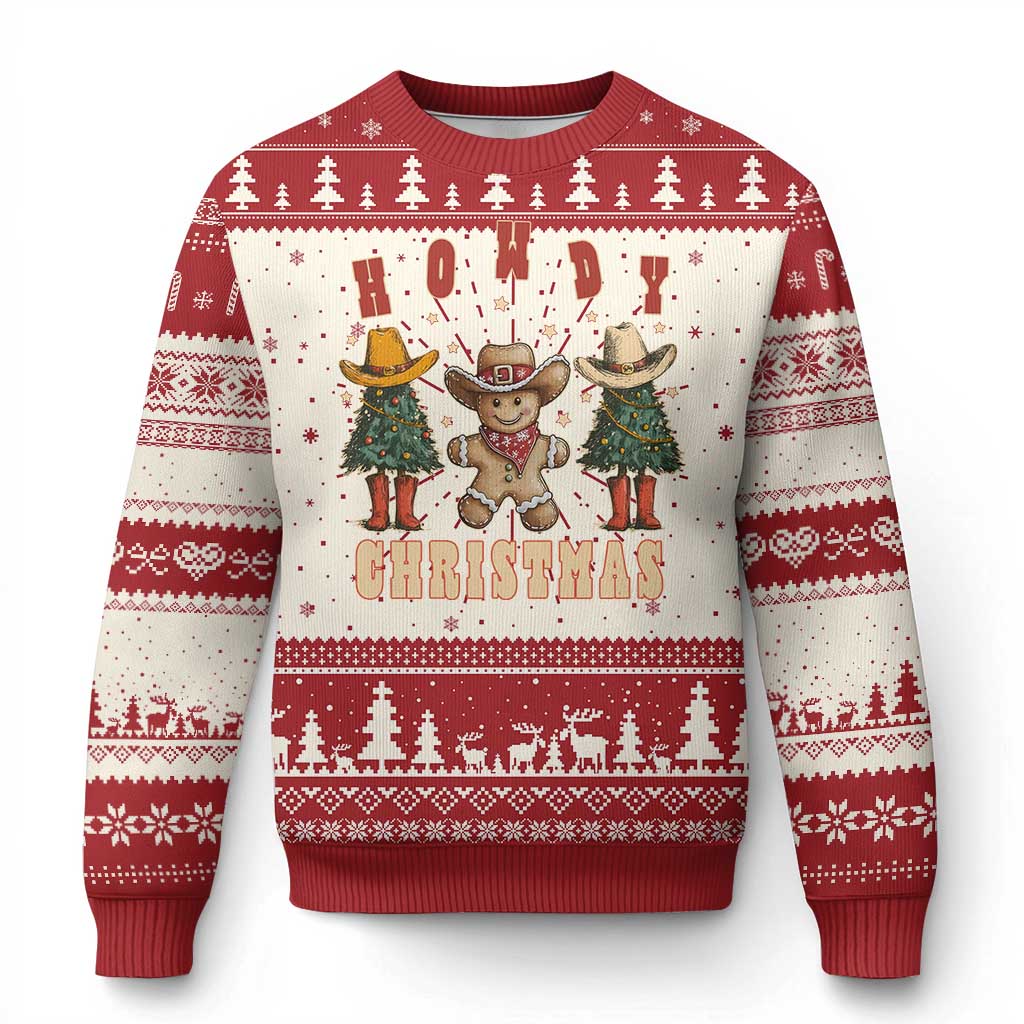 Red Christmas sweater with cowboy reindeer and cactus, festive knit pattern