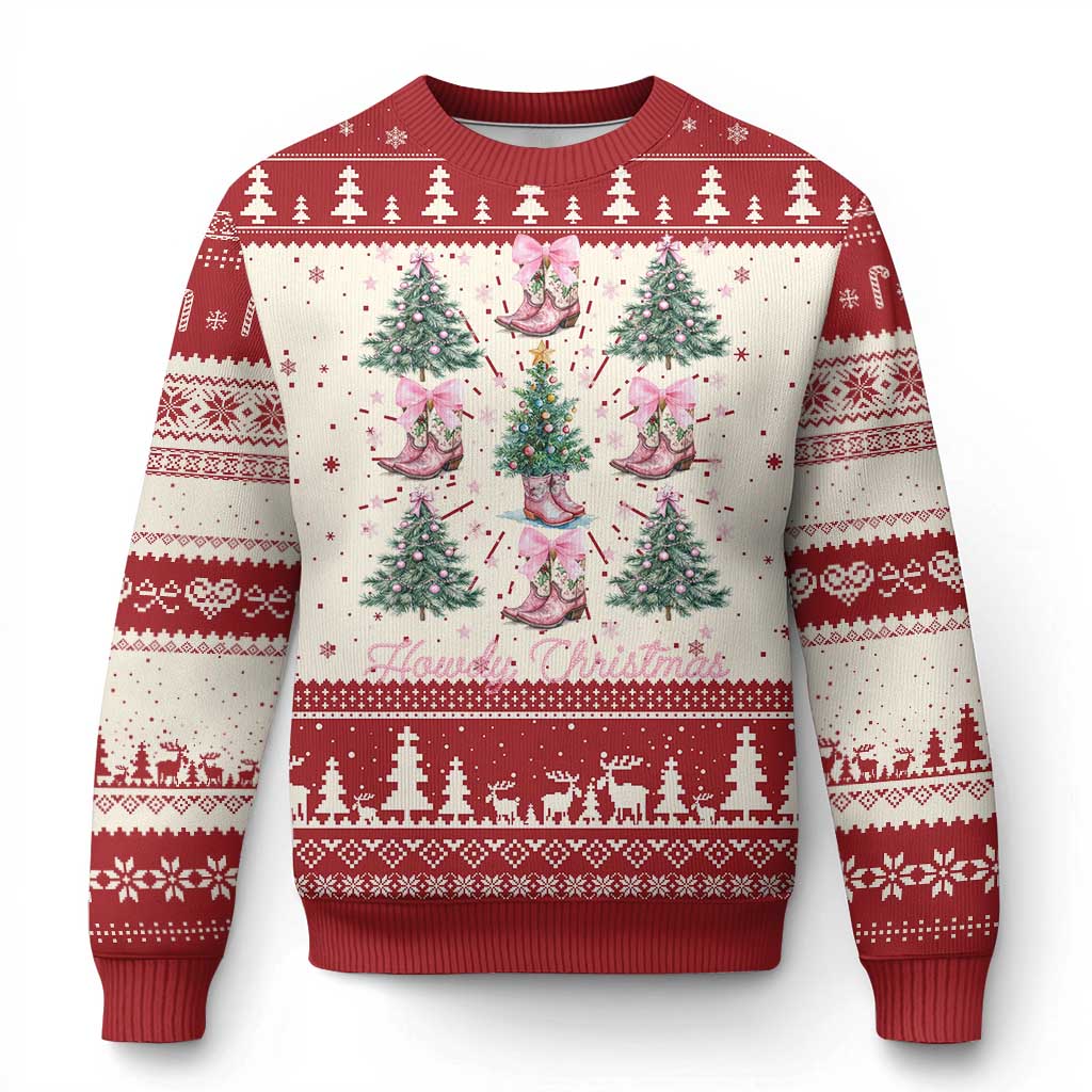Red and cream Christmas sweater with festive tree and horse pattern, ribbed cuffs