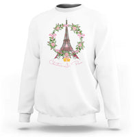 White Christmas sweatshirt with Eiffel Tower and pink flower wreath graphic