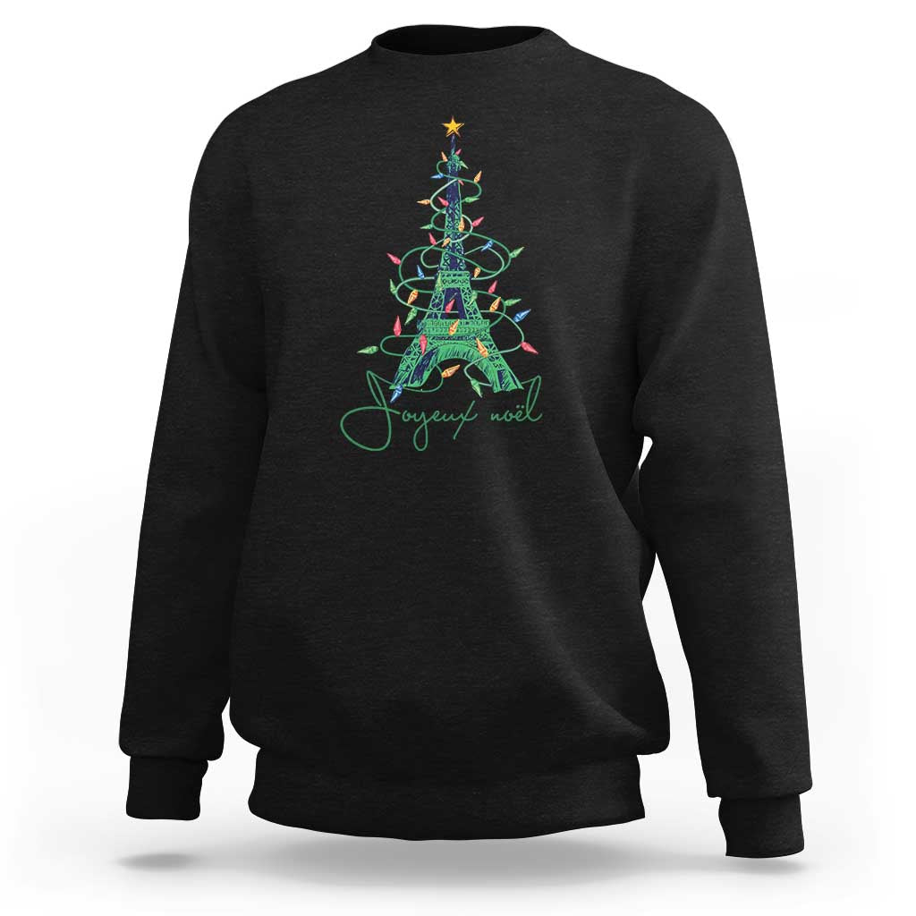 Black crewneck sweatshirt with Eiffel Tower Christmas tree graphic in multicolor