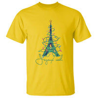 Yellow T-shirt with Eiffel Tower Christmas tree graphic and "Joyeux Noel" text