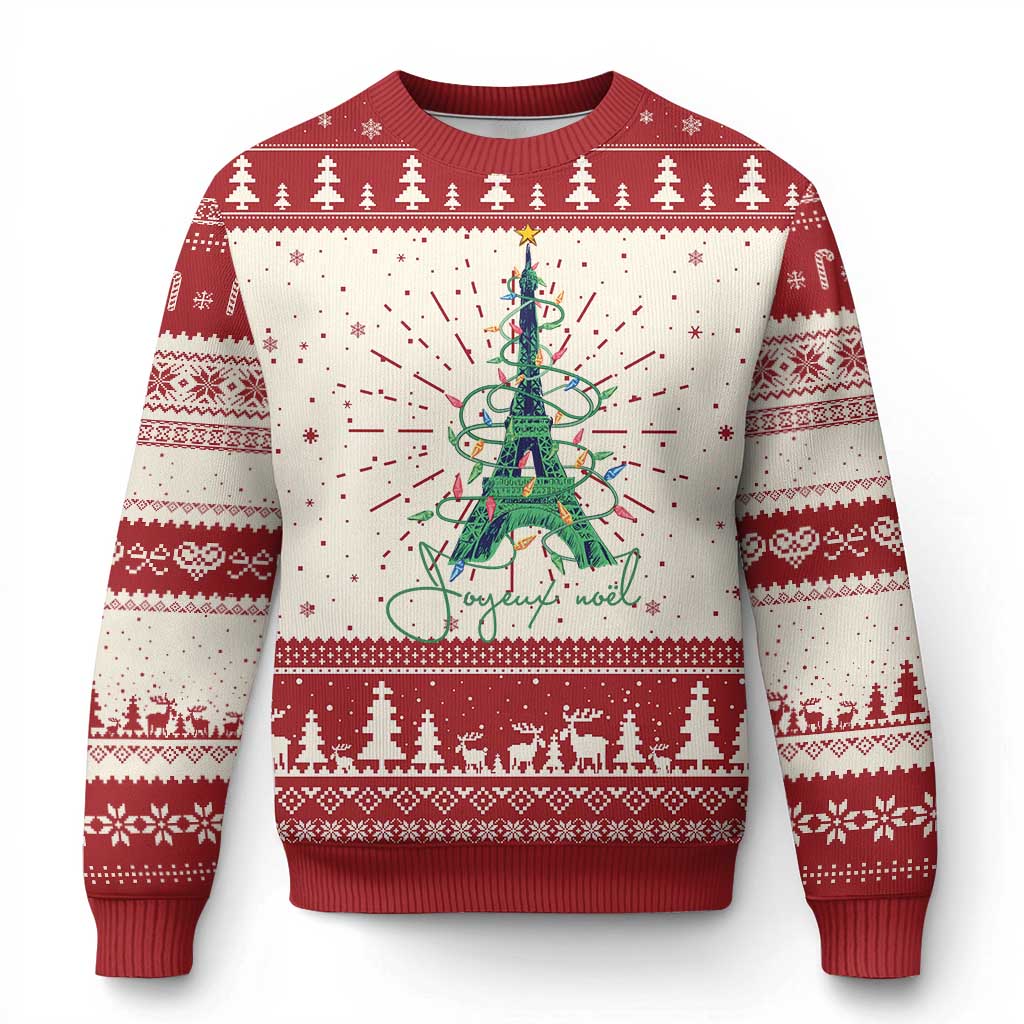 Red and cream ugly Christmas sweater with Eiffel Tower tree graphic and snowflake trim
