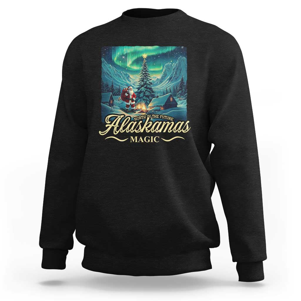 Black crewneck sweatshirt with winter aurora 'Alaskamas Magic' front graphic