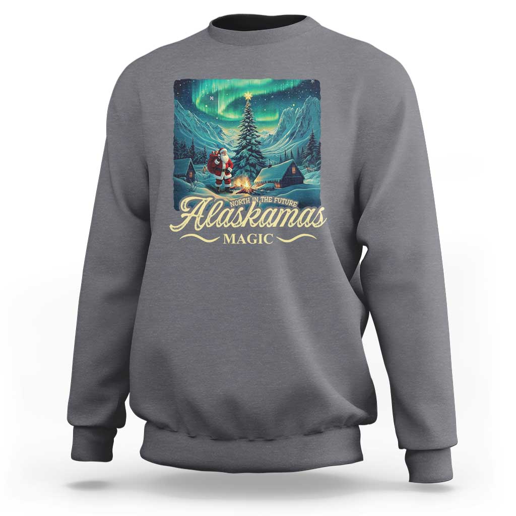 Gray crewneck sweatshirt with winter aurora 'Alaskamas Magic' front graphic