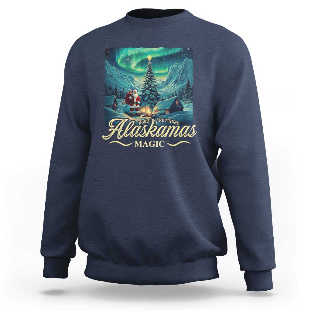 Navy crewneck sweatshirt with winter aurora 'Alaskamas Magic' front graphic