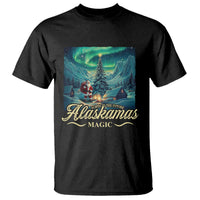 Men's black t-shirt with 'Alaskamas Magic' aurora Santa landscape graphic