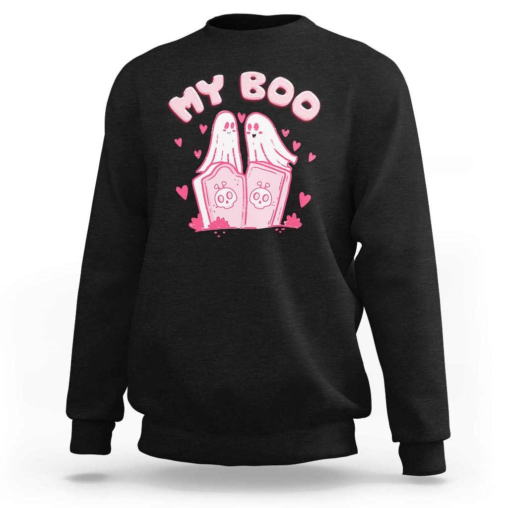 Black crewneck sweatshirt with pink 'My Boo' ghost house graphic and hearts, back view