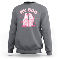 Charcoal crewneck sweatshirt with pink 'My Boo' ghost house graphic and hearts, back view