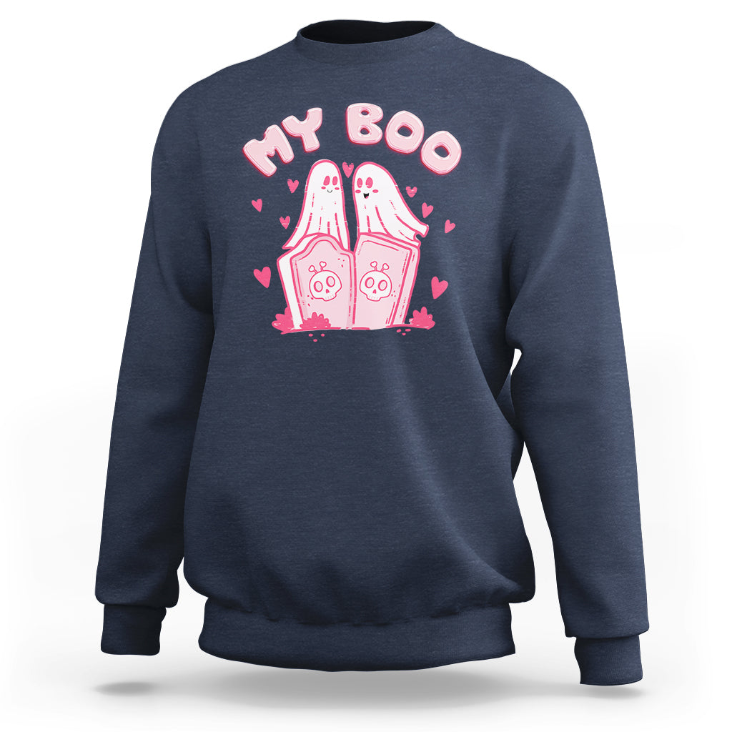 Navy crewneck sweatshirt with pink 'My Boo' ghost house graphic and hearts, back view