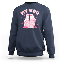Navy crewneck sweatshirt with pink 'My Boo' ghost house graphic and hearts, back view