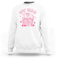 White crewneck sweatshirt with pink 'My Boo' ghost house graphic and hearts, back view