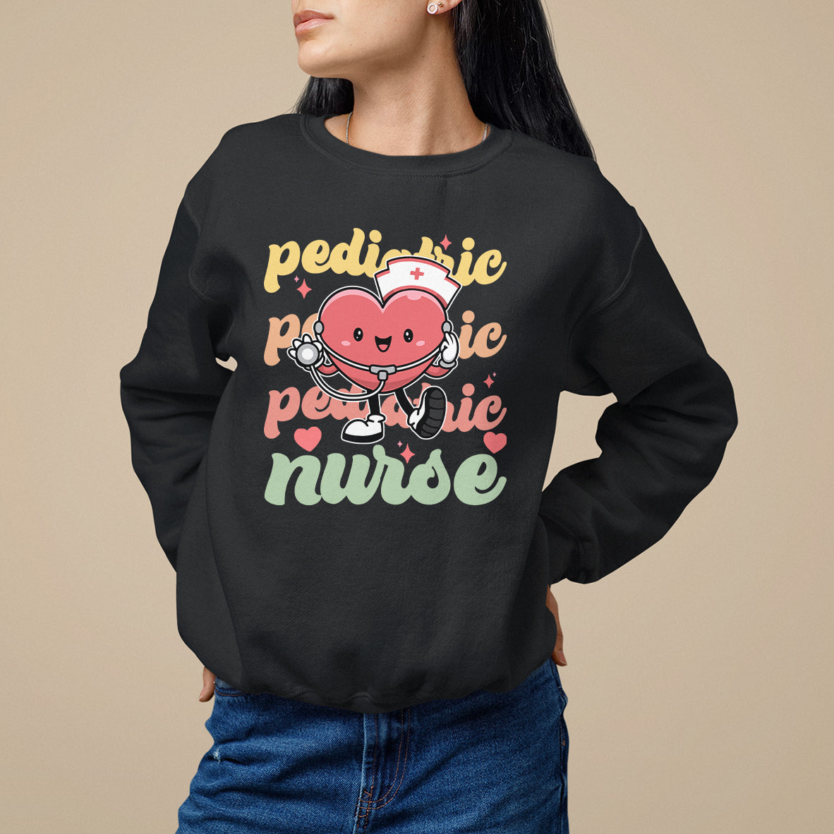 Black pediatric nurse sweatshirt with cartoon nurse holding stethoscope graphic
