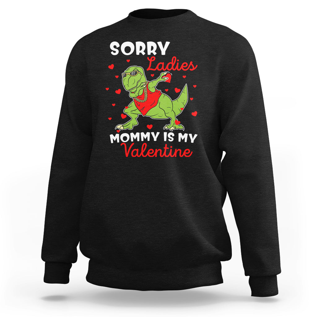 Black women's sweatshirt with Valentine dinosaur graphic and “SORRY Ladies” text