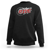 Black motorcycle sweatshirt with Life is Better Ride RIDE logo print