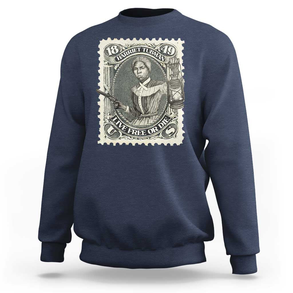 Navy sweatshirt with front Harriet Tubman postage-stamp graphic