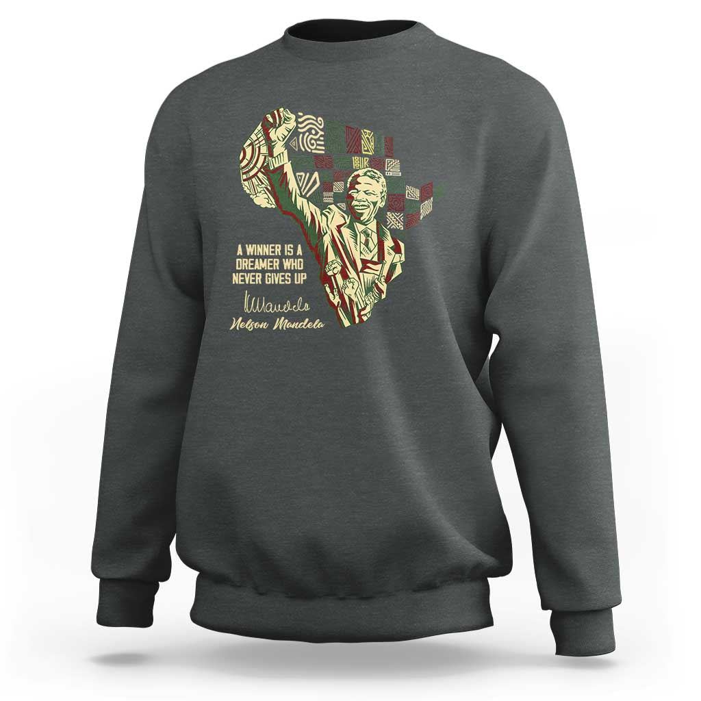 Dark heather crewneck sweatshirt with Nelson Mandela portrait graphic on chest