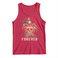 Red women's tank top with sea turtle and sugar skull graphic, 'FOREVER' print