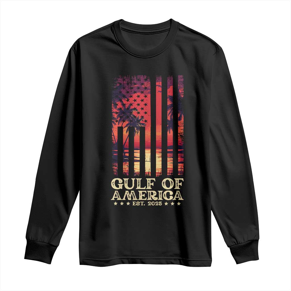 Black long-sleeve T-shirt with 'Gulf of America' sunset flag graphic