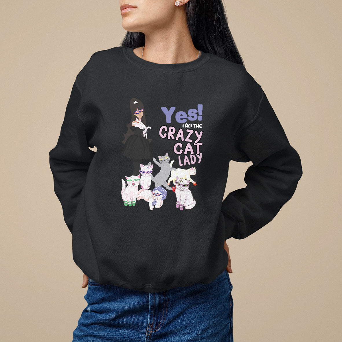 Black sweatshirt with “Yes! I’m the crazy cat lady” text and cute cat illustration