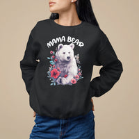 Black crewneck sweatshirt with 'MAMA BEAR' bear face and floral wreath graphic
