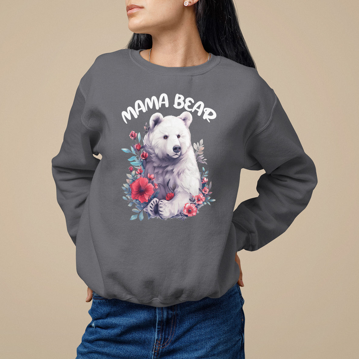 Charcoal crewneck sweatshirt with 'MAMA BEAR' bear face and floral wreath graphic