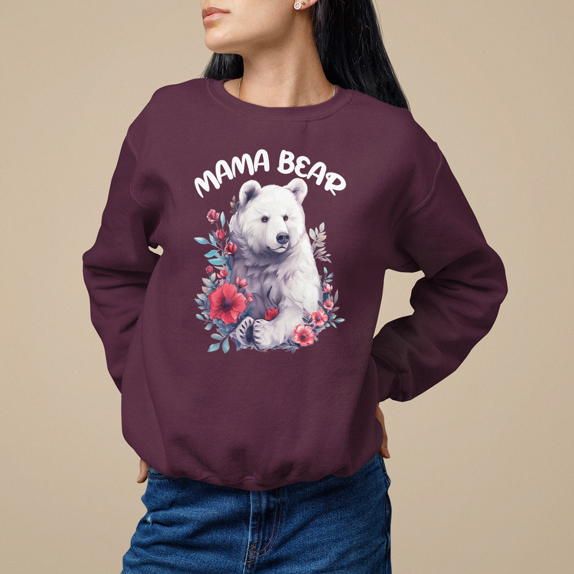 Maroon crewneck sweatshirt with 'MAMA BEAR' bear face and floral wreath graphic