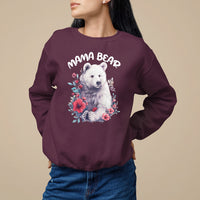 Maroon crewneck sweatshirt with 'MAMA BEAR' bear face and floral wreath graphic
