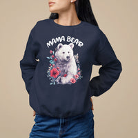 Navy crewneck sweatshirt with 'MAMA BEAR' bear face and floral wreath graphic