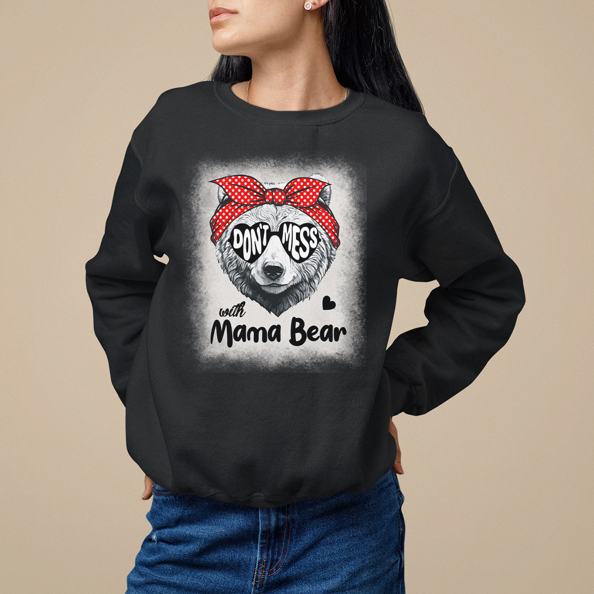Women's Mother's Day sweatshirt in black with bear sunglasses and 'Mama Bear' text