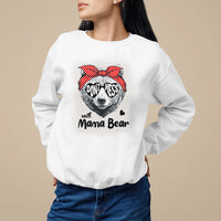 Women's Mother's Day sweatshirt in white with bear sunglasses graphic and 'Mama Bear' text
