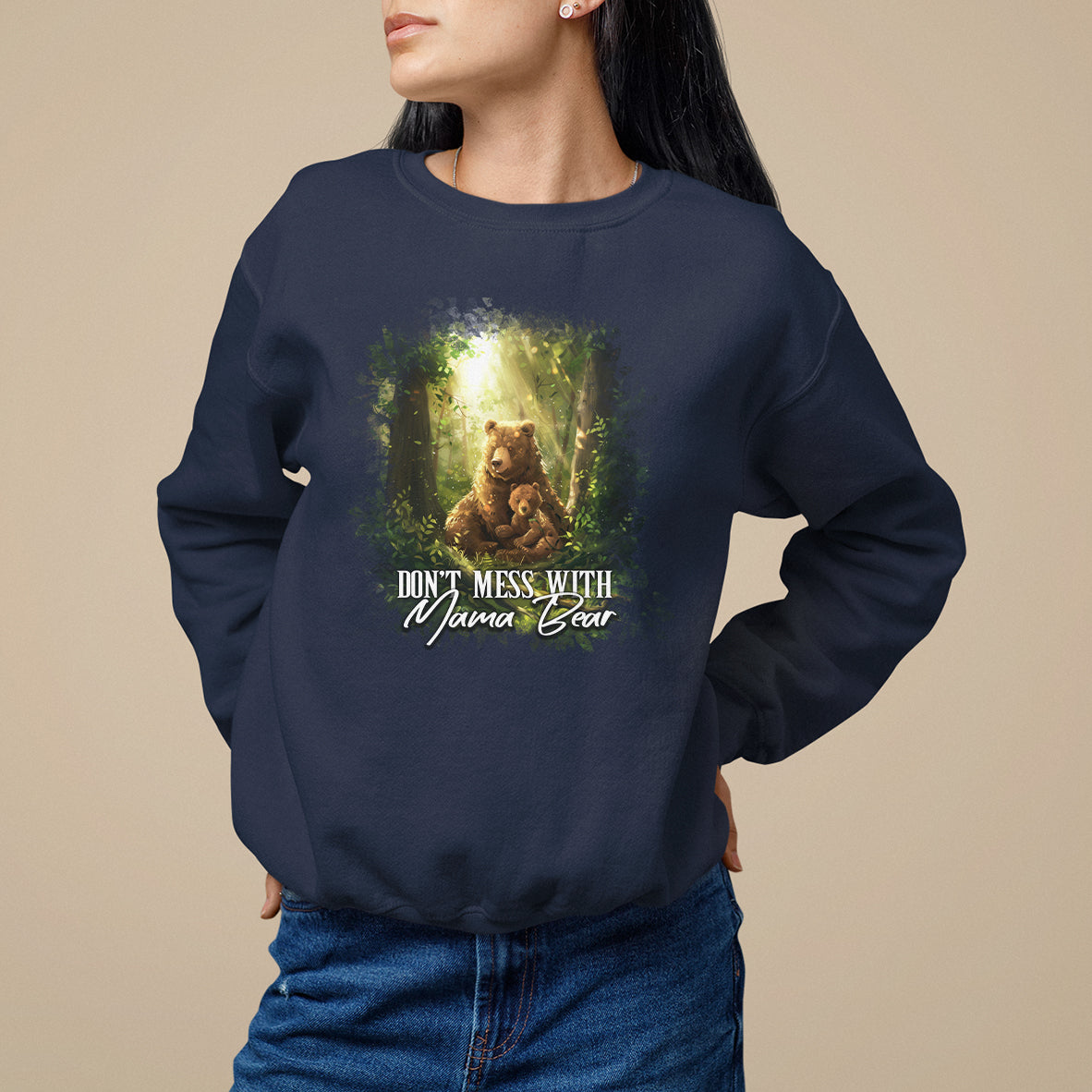 Navy sweatshirt with bear fairy forest graphic and "Don't Mess with Mama Bear" print