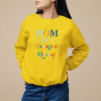 Daisy yellow women's sweatshirt with 'MOM Manage of Mischief' graphic on front