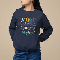 Navy women's sweatshirt with 'MOM Manage of Mischief' graphic on front