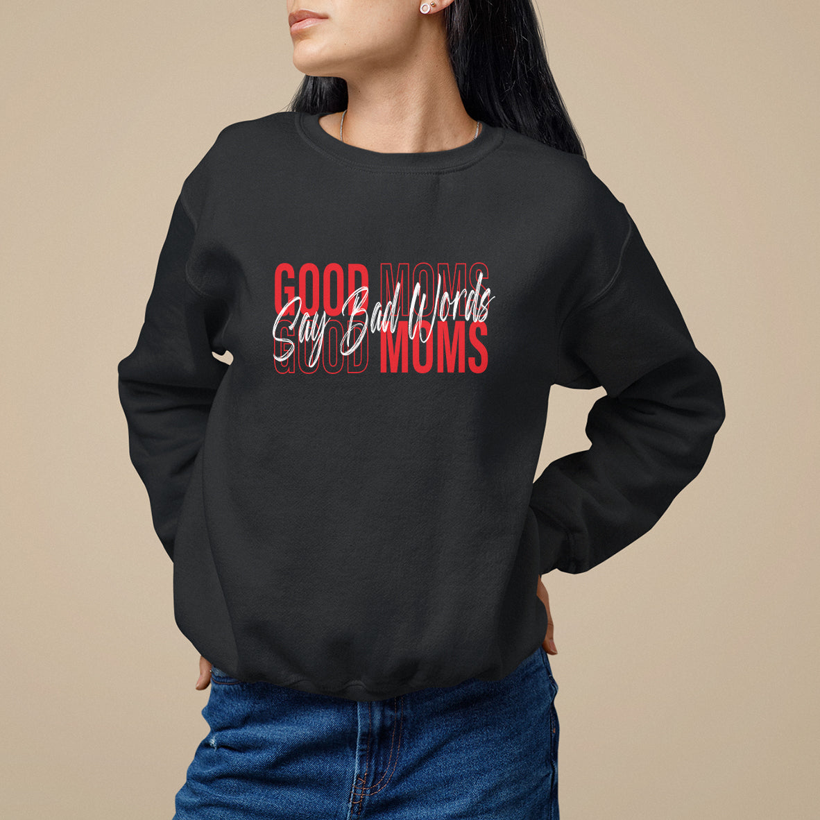 Black women's sweatshirt with red and white "GOOD MOMS" graphic
