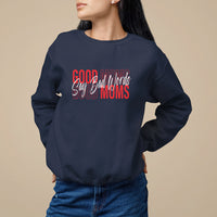 Navy women's sweatshirt with red and white "GOOD MOMS" graphic