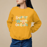 Gold sweatshirt with front graphic text "HAPPIEST MAMA ON EARTH"